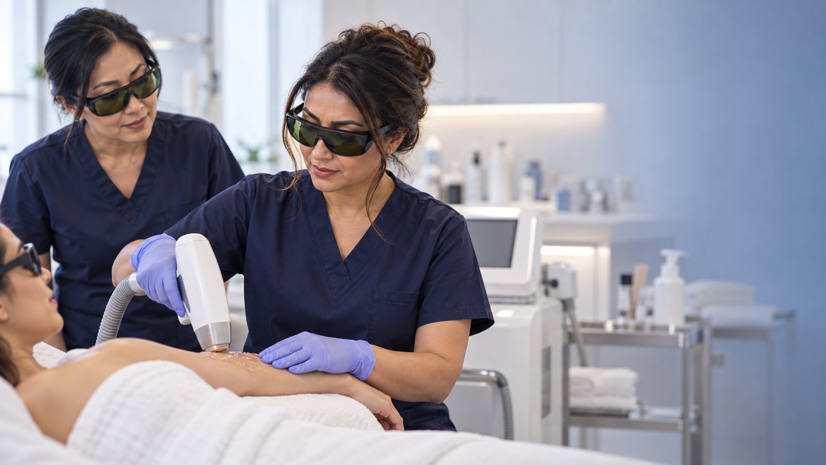 Laser technician student performing laser hair removal on a client while an instructor supervises