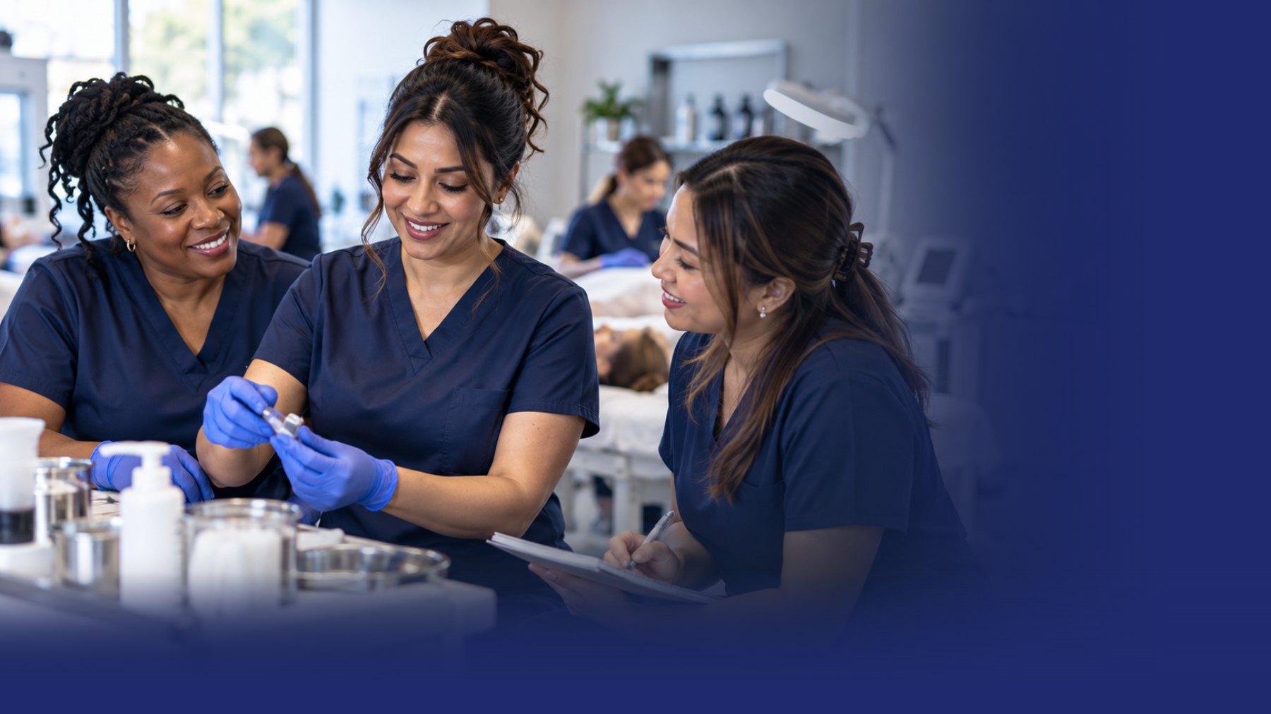Three Looks Aesthetic Academy students in scrubs reviewing a product in the classroom