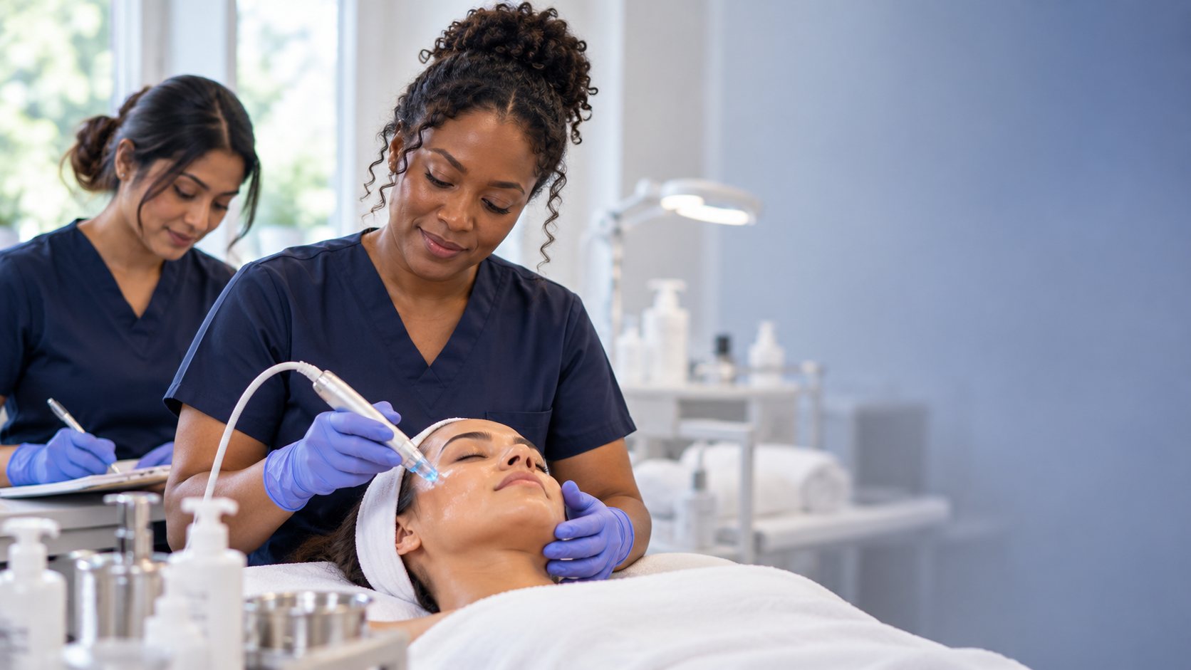 Medical aesthetics student giving a client a facial treatment in the on-site spa