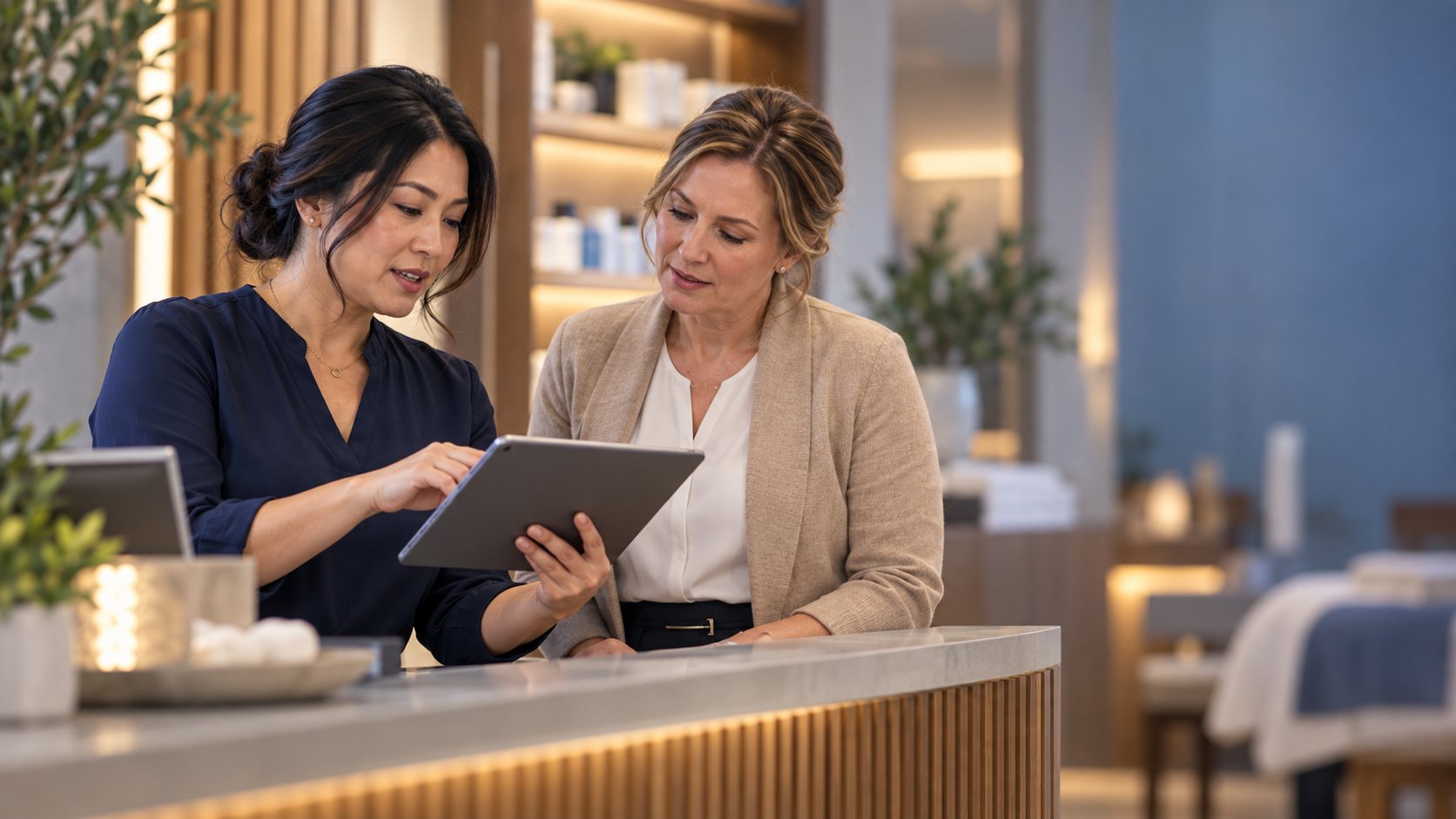Spa manager reviewing a tablet with a colleague at a spa reception desk
